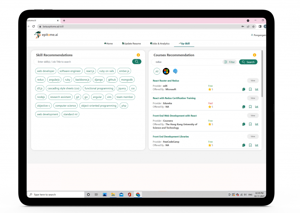 Upskilling Recommendations of Epitome Career Builder